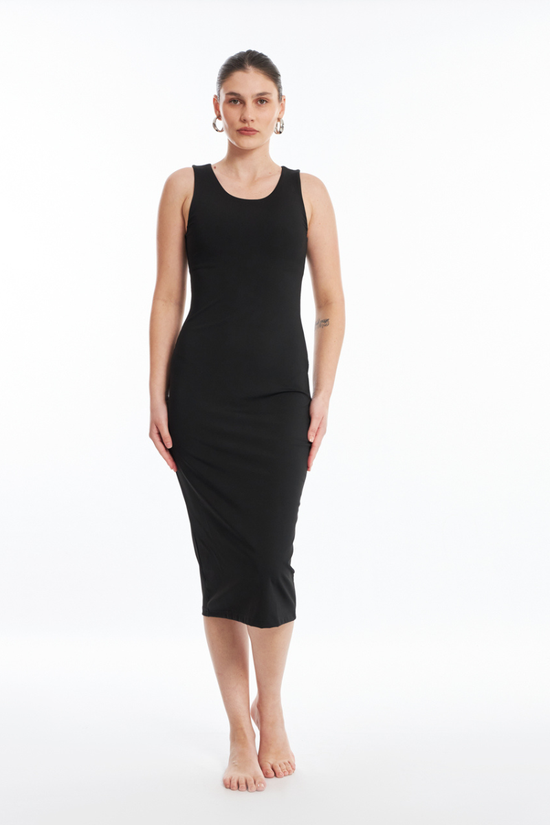 Vestido Midi Alça Larga com Top Interno Preto Truelife® UV 50+